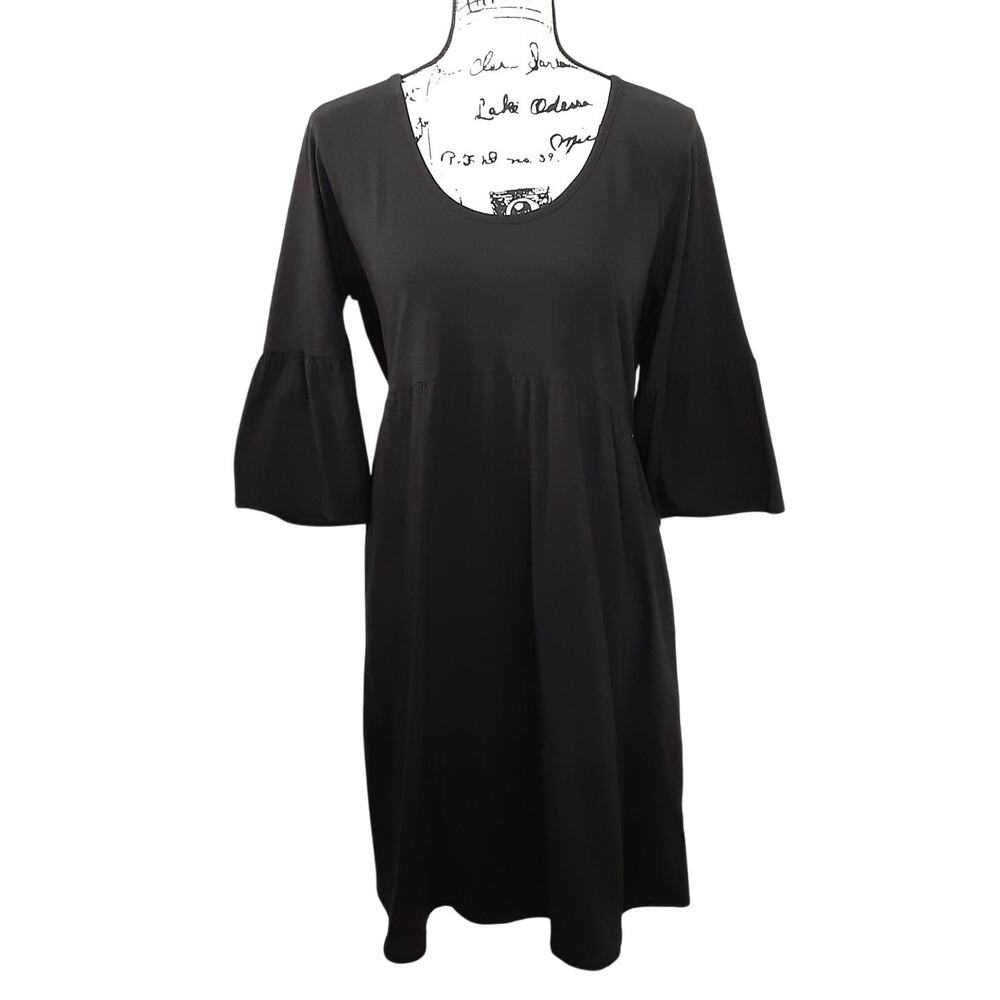 Pact Fit and Flare Midi Dress Black Womens M Organic Cotton Bell Sleeve Pockets